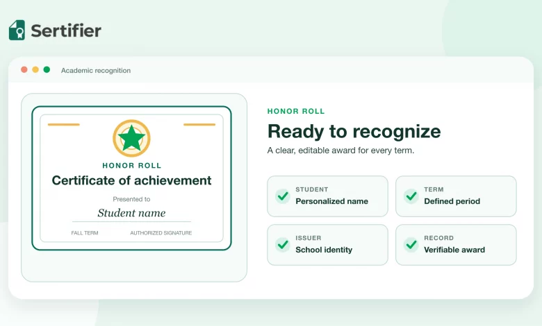 Sample honor roll certificate with student, term, issuer and verification fields.