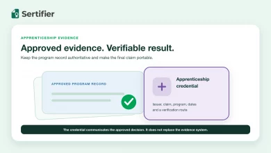Apprenticeship evidence moving from workplace and training records to an approved verifiable credential.