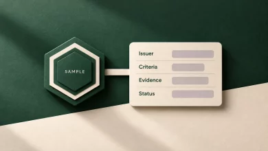 A sample badge connected to its issuer, criteria, evidence and status record