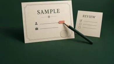 A cream sample certificate with its name line marked beside a review card and dark-green pencil