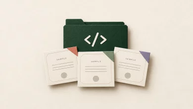 A green project folder with three individual sample certificates in cream paper