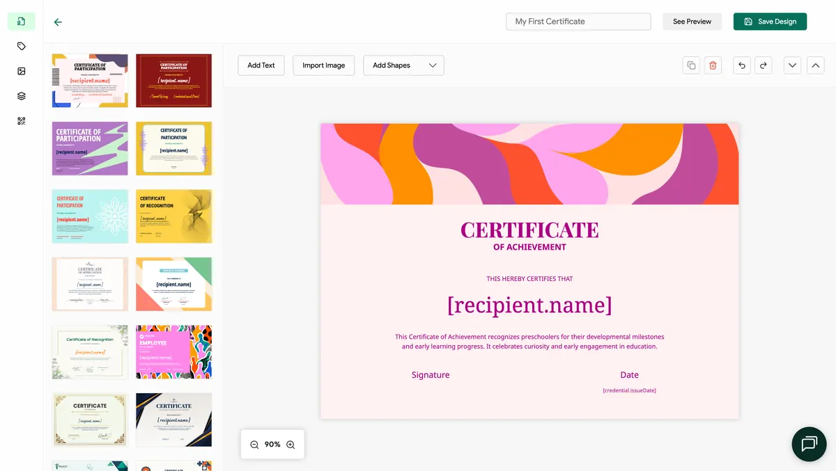 Design studio interface showing certificate templates